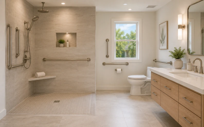 Accessible bathroom with a curbless walk-in shower grab bars and built-in bench in Boca Raton