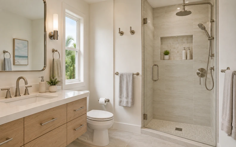 Brushed nickel bathroom fixtures including faucet, showerhead and hardware installed during a partial bathroom remodel in Boca Raton