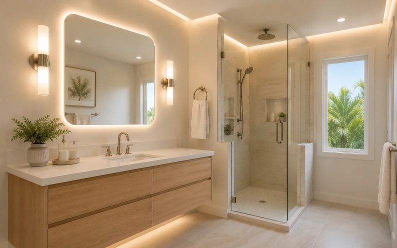 Modern LED vanity lighting and recessed ceiling lights in a partially remodeled bathroom in Boca Raton