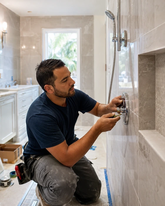 Bathroom remodeling technician installing fixtures in a Boca Raton home