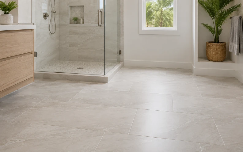 Large-format porcelain bathroom floor and wall tiles installed in a partial bathroom remodeling project in Boca Raton