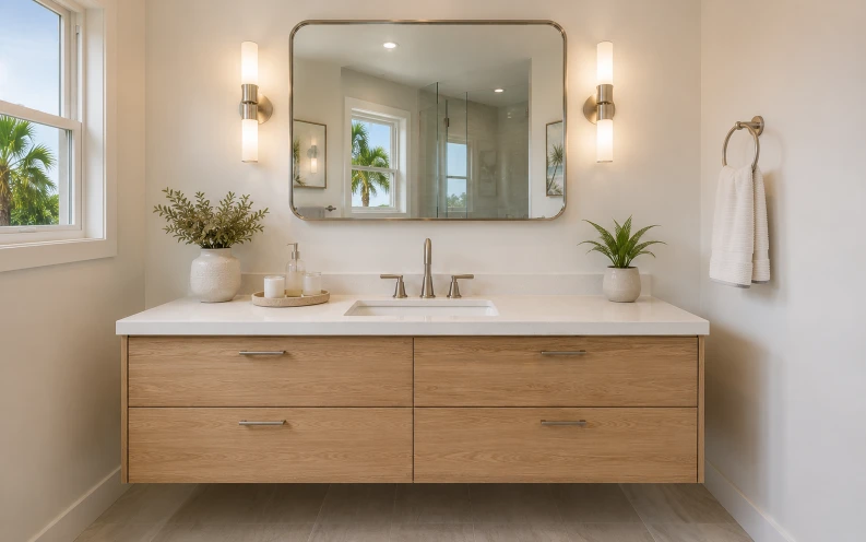 Floating light oak bathroom vanity with quartz countertop installed during a partial bathroom remodel in Boca Raton