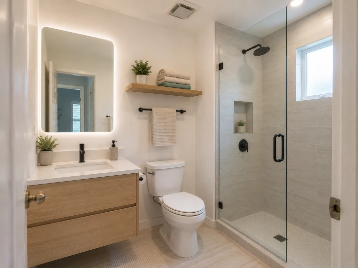 Modern guest bathroom after remodeling with a walk-in shower in a Boca Raton home