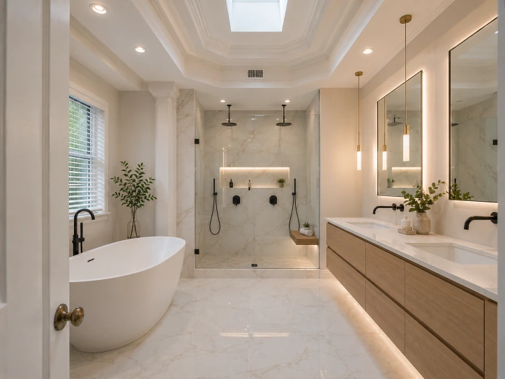 Modern luxury spa-style primary bathroom after remodeling in a Boca Raton home