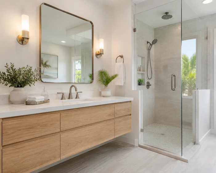 Partial bathroom remodeling project with an upgraded vanity, tile, fixtures and shower in Boca Raton