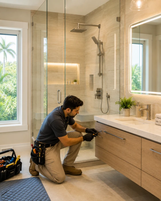 Modern partially remodeled bathroom with an upgraded shower vanity and lighting in a Boca Raton home