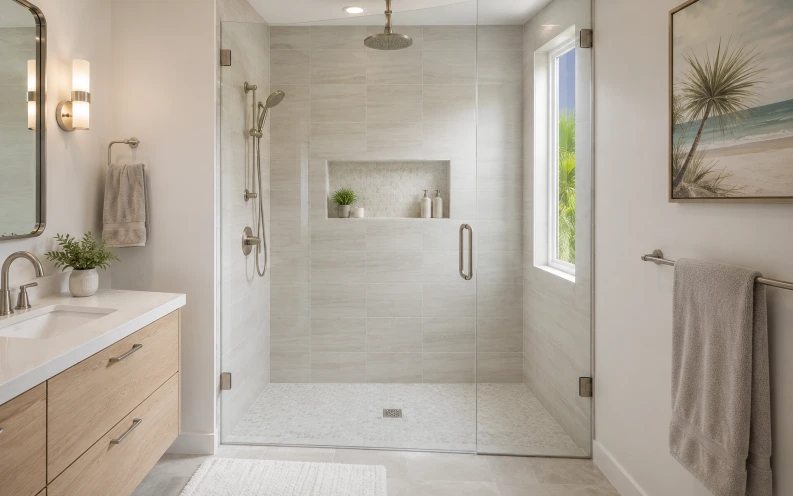 Modern frameless glass shower upgrade with brushed nickel fixtures in a partial bathroom remodel in Boca Raton