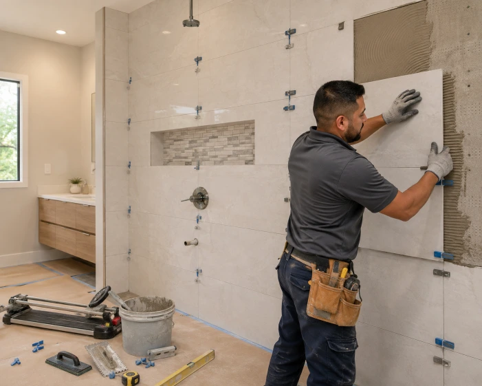 Professional bathroom tile installation technician installing large-format porcelain wall tiles inside a luxury shower in a Boca Raton home