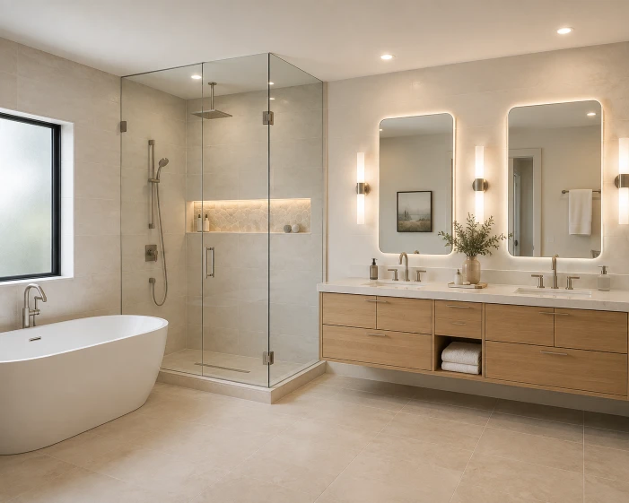 Luxury full bathroom remodeling project in Boca Raton with a frameless shower, freestanding tub, floating double vanity, and premium porcelain tile.