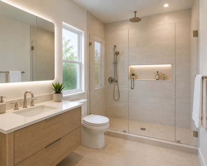 Professional tub-to-shower conversion in Boca Raton featuring a low-threshold walk-in shower with frameless glass enclosure, porcelain tile walls, illuminated shower niche, rainfall showerhead, floating oak vanity, quartz countertop, and brushed nickel fixtures.