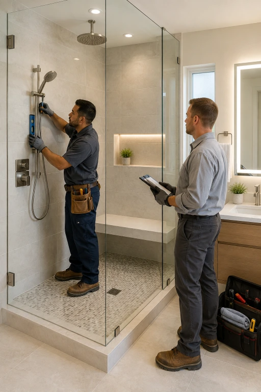 Two bathroom remodeling technicians working on a custom walk-in shower in Boca Raton, Florida